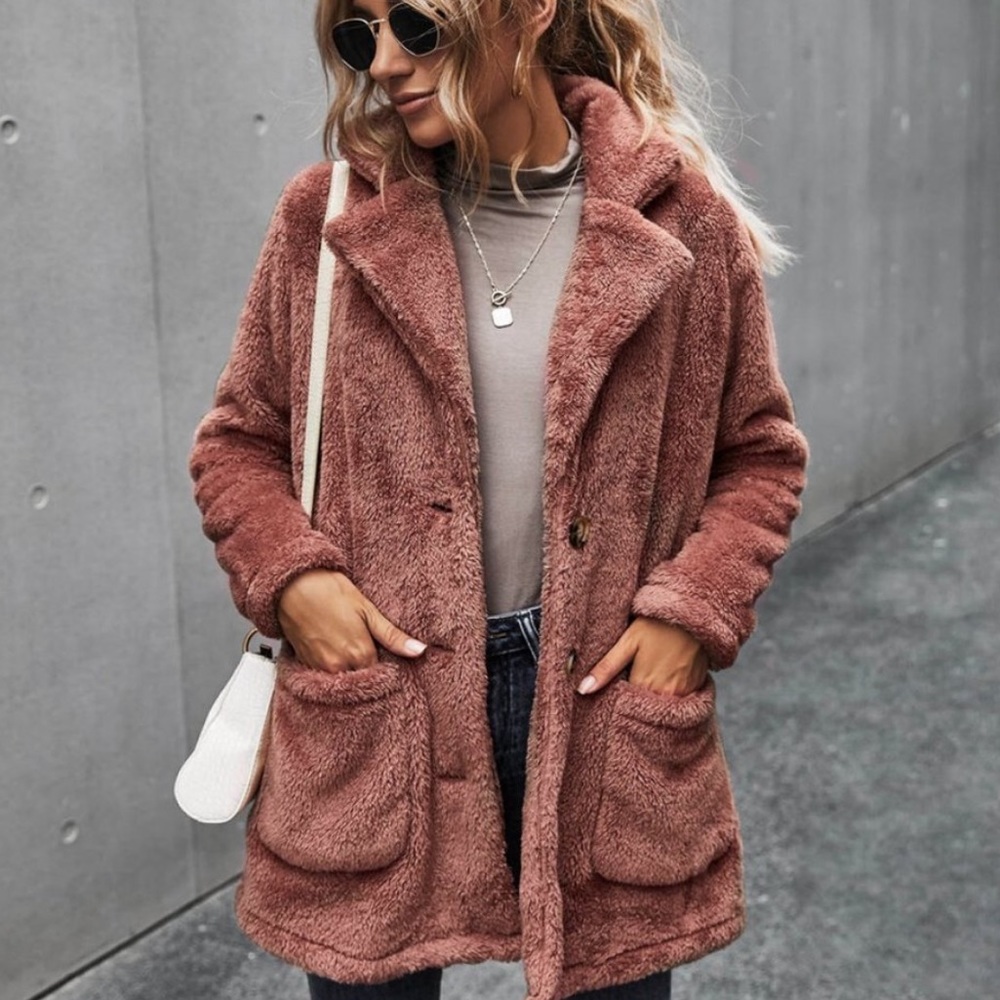 camel tan comfy button pocket teddy jacket coat - Picture 3 of 8